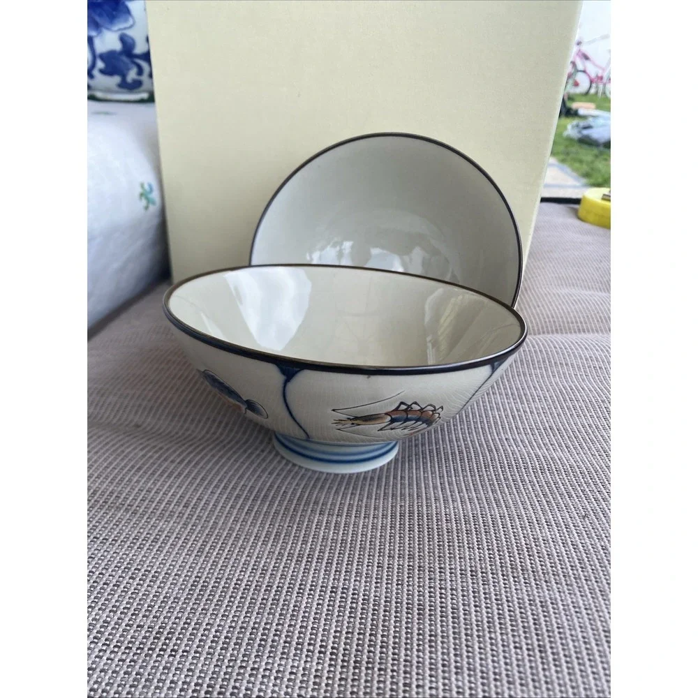 2Japanese Footed Porcelain Rice/Soup Bowls Hand Painted Crabs Shrimp Fish 5